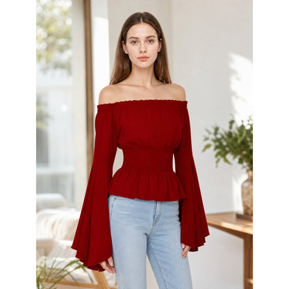 Long-Sleeve Peplum Blouse, Deep Red