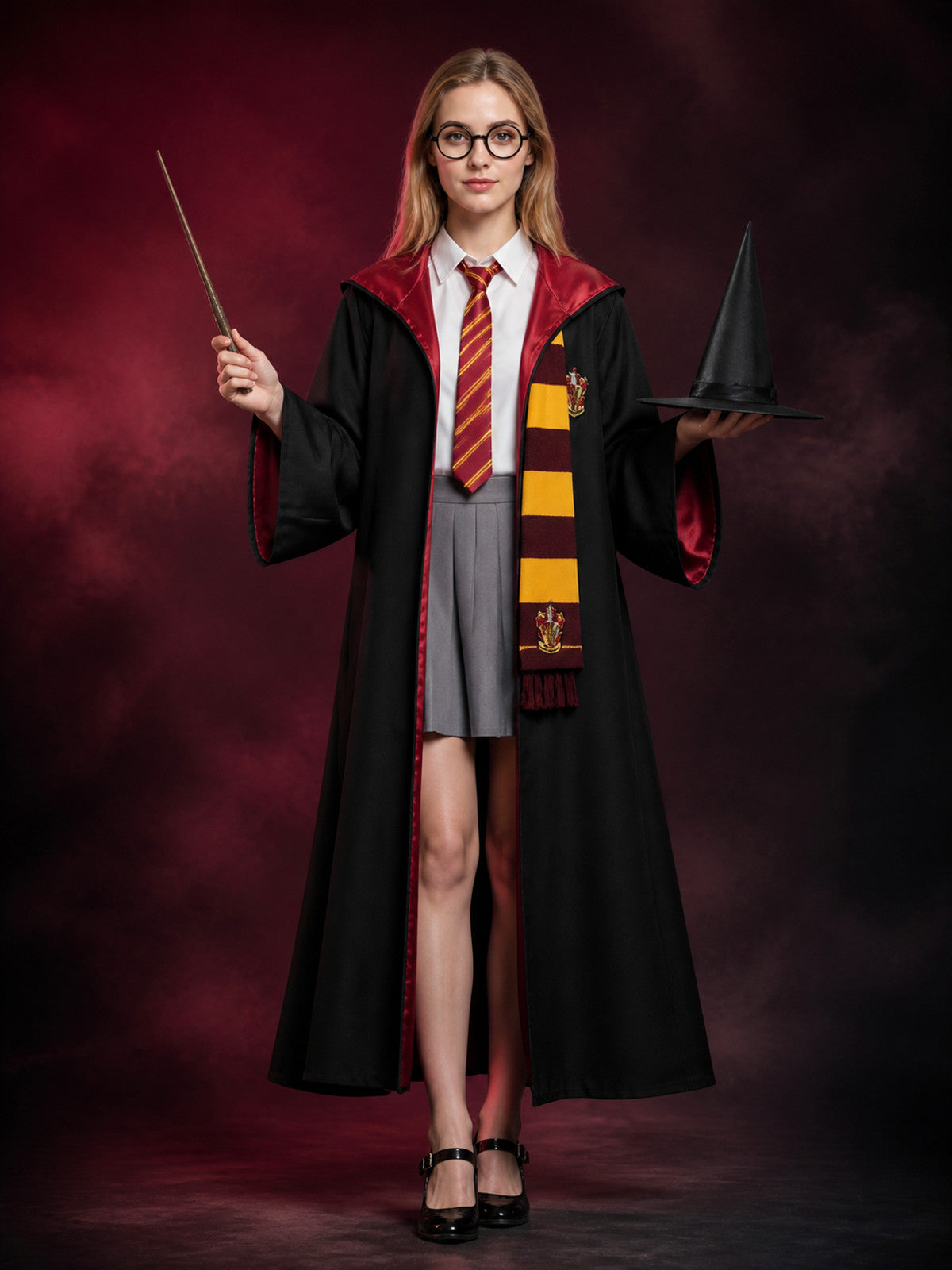 Wizard Costume Set With Hooded Robe, Shirt, Skirt, Hat, Glasses, Tie, Scarf And main product view