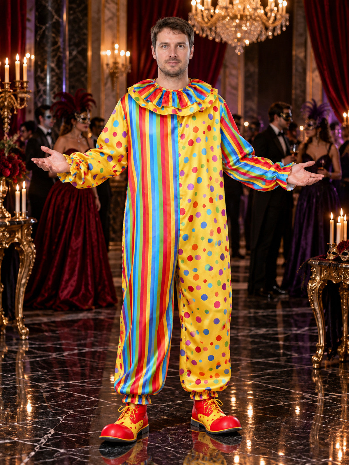Clown Costume Jumpsuit with Puffy Jabot Collar and Print