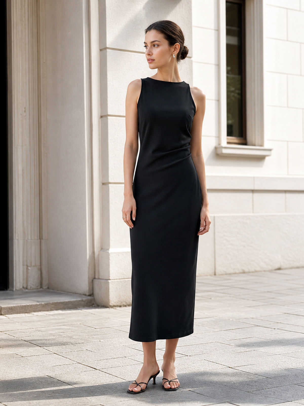 Women's Black Sleeveless Midi Dress with a High Neckline Costume Dresses detail
