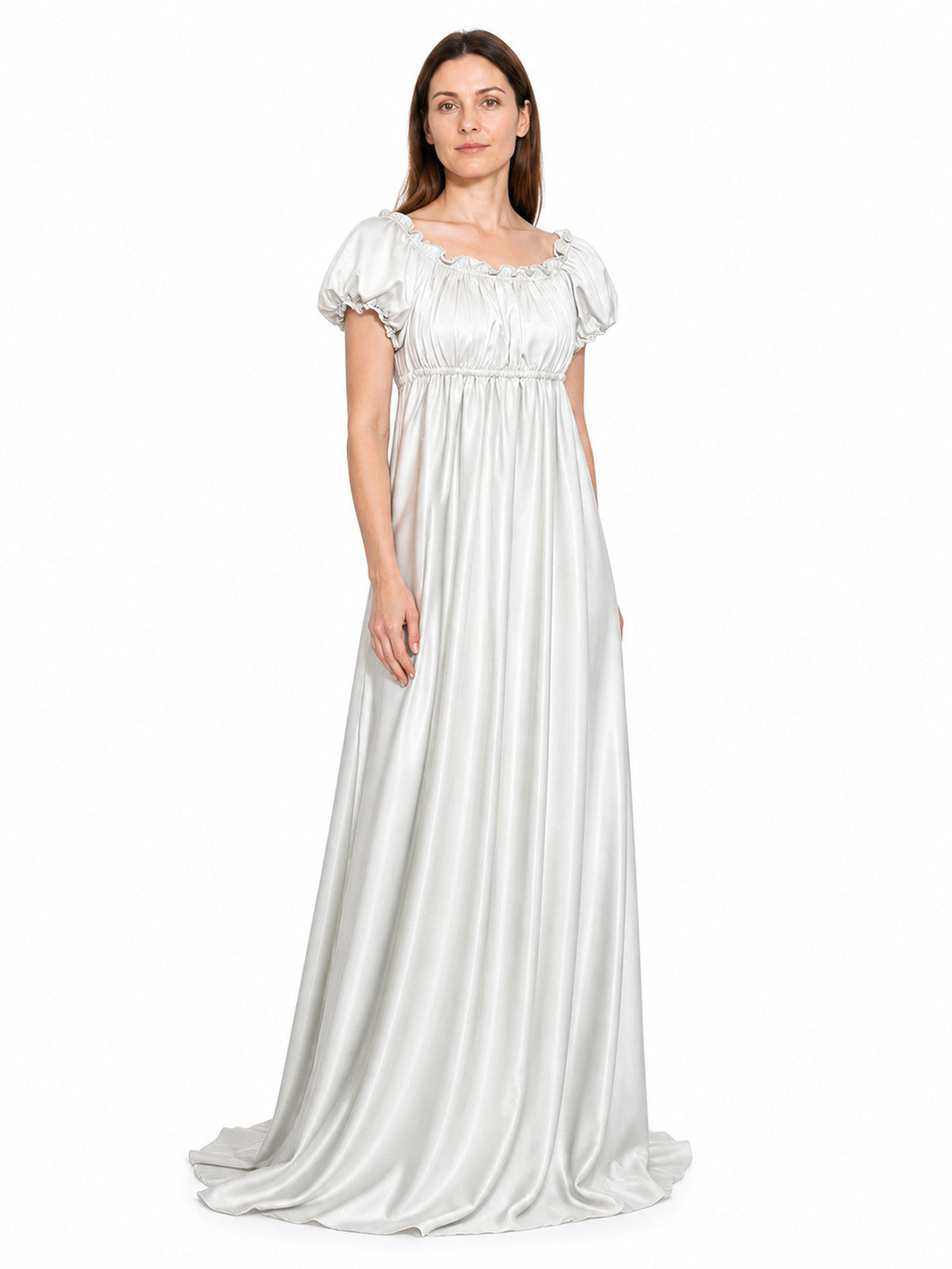 White Long Dress with Train and Puff Sleeves