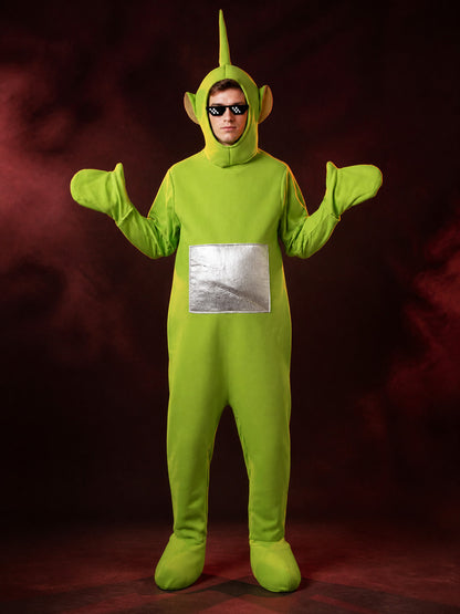 Adult Unisex Green Hooded Character Onesie Costume with Antenna, Pixel Glasses &