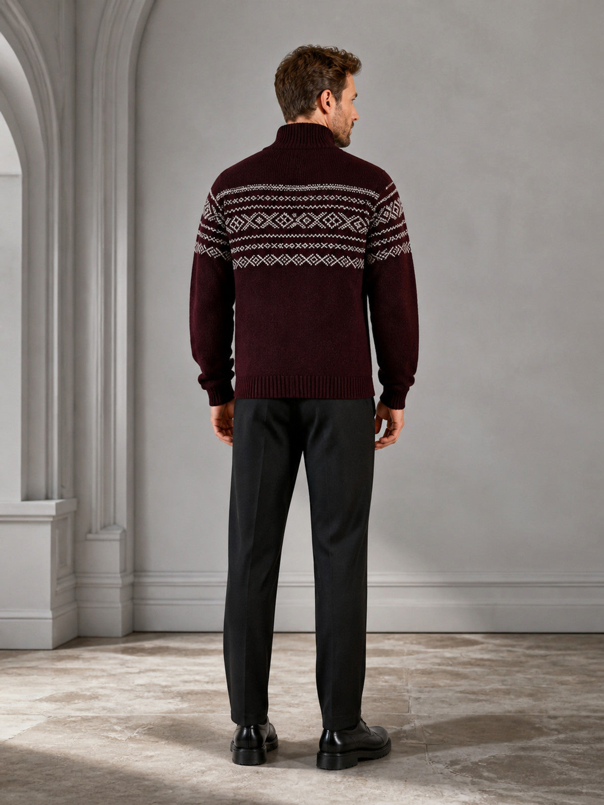 Wine Red Knit Sweater with Black Half-High Collar, Front Zipper, Long Sleeves