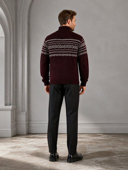 Wine Red Knit Sweater with Black Half-High Collar, Front Zipper, Long Sleeves