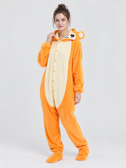 Orange Fleece Kigurumi Pajama with Hood and Ears