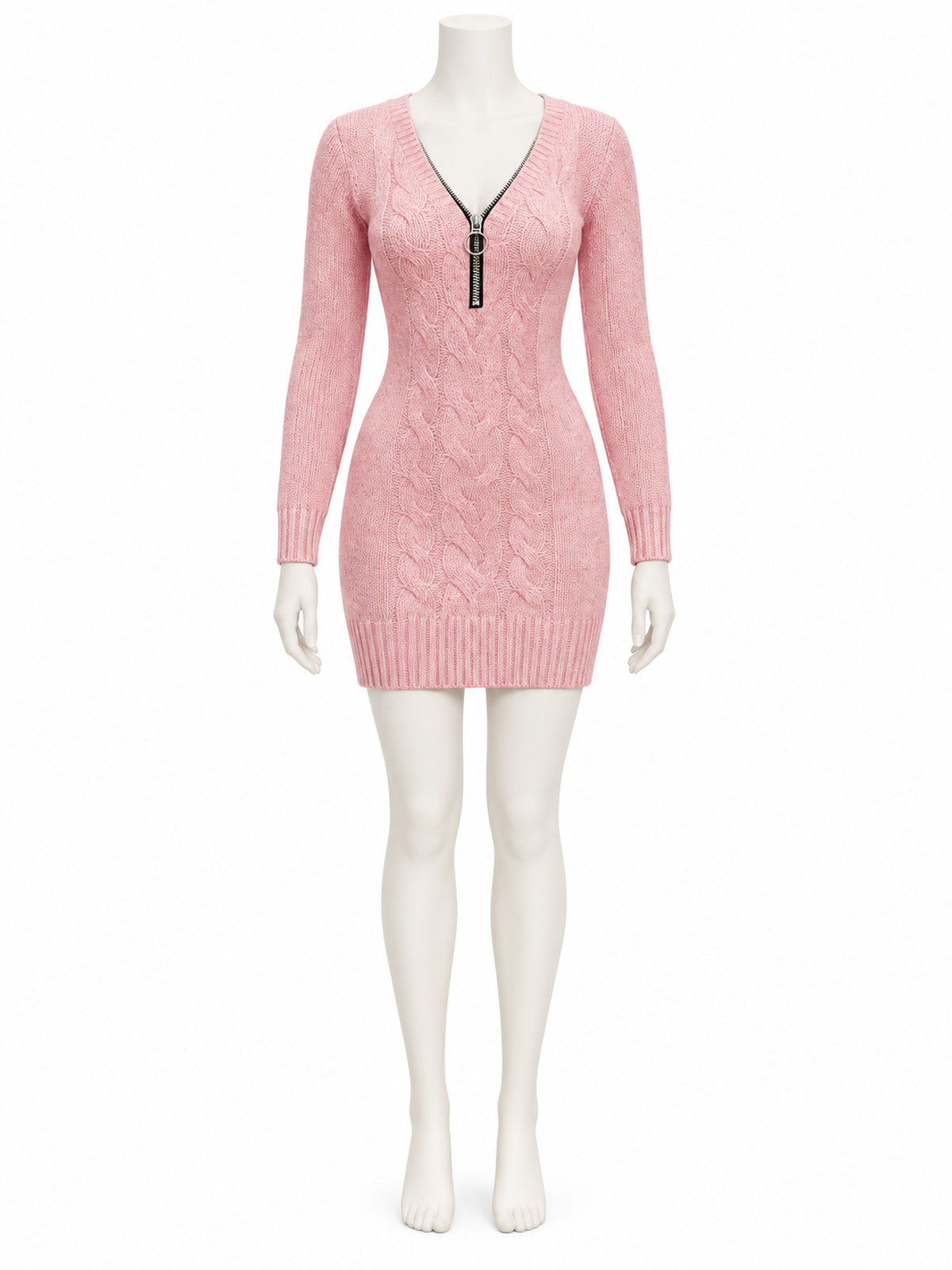 Pink Knitted Sweater Dress with Zipper and Long Sleeves