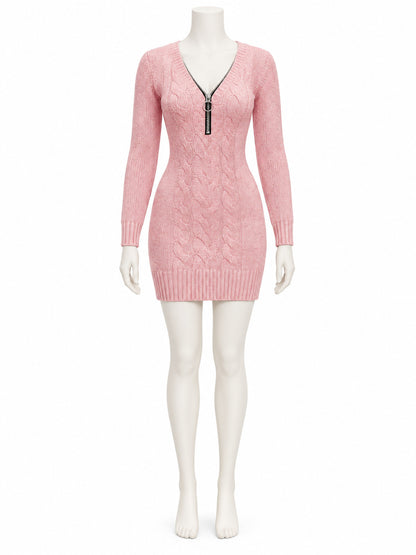 Pink Knitted Sweater Dress with Zipper and Long Sleeves