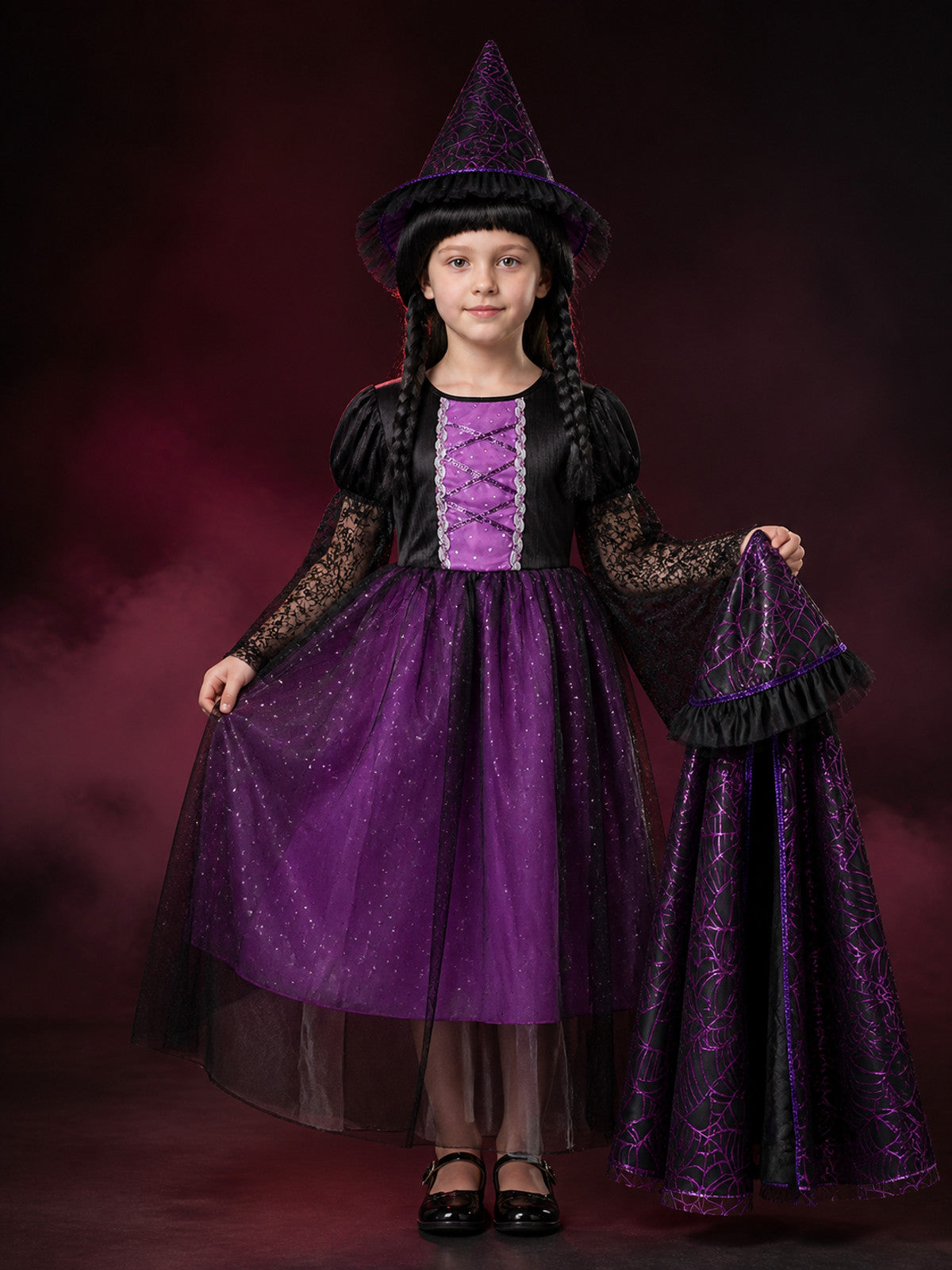 Girls Gothic Witch Vampire Costume Set - Black Purple Lace Tulle Dress with main product view