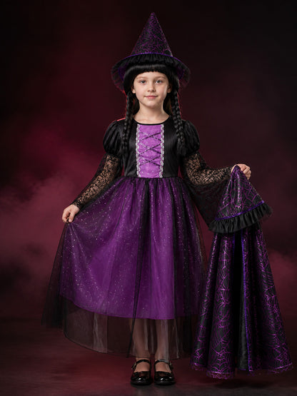 Girls Gothic Witch Vampire Costume Set - Black Purple Lace Tulle Dress with main product view