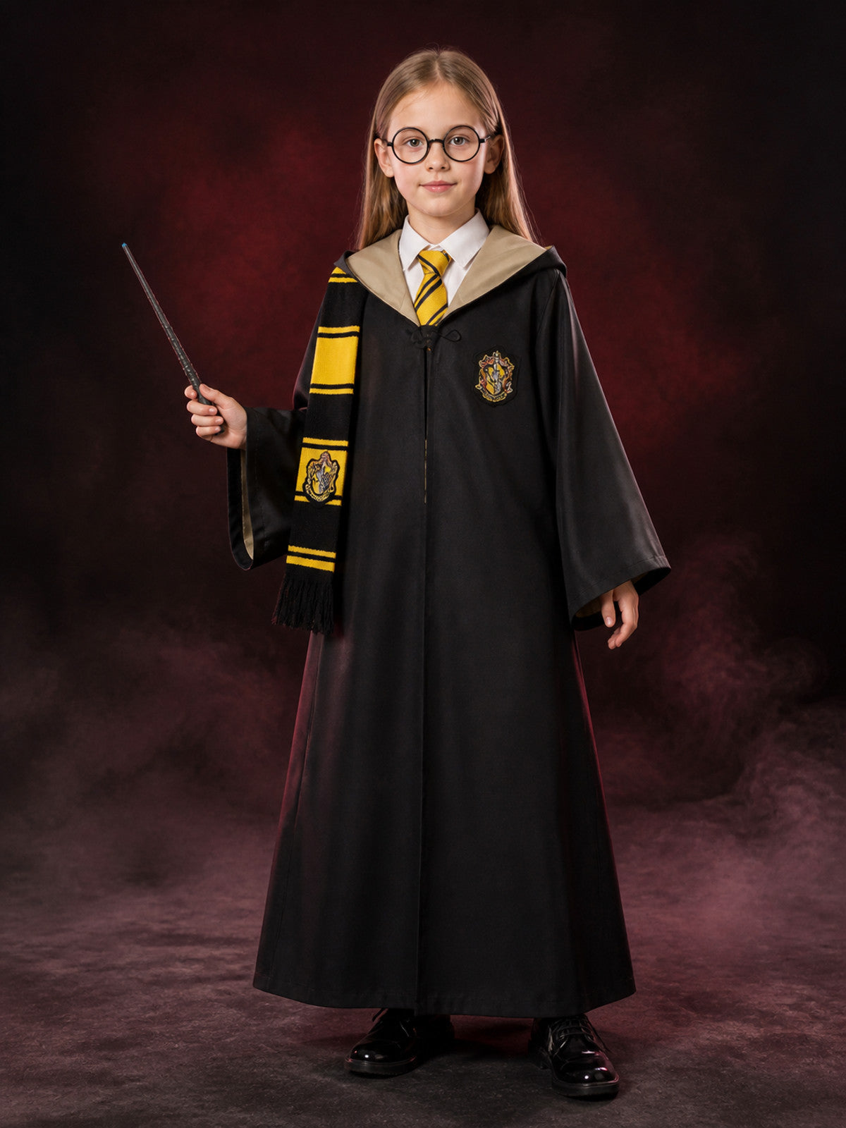 Wizard Robe Costume Set with Striped Scarf, Tie, Glasses and Wand