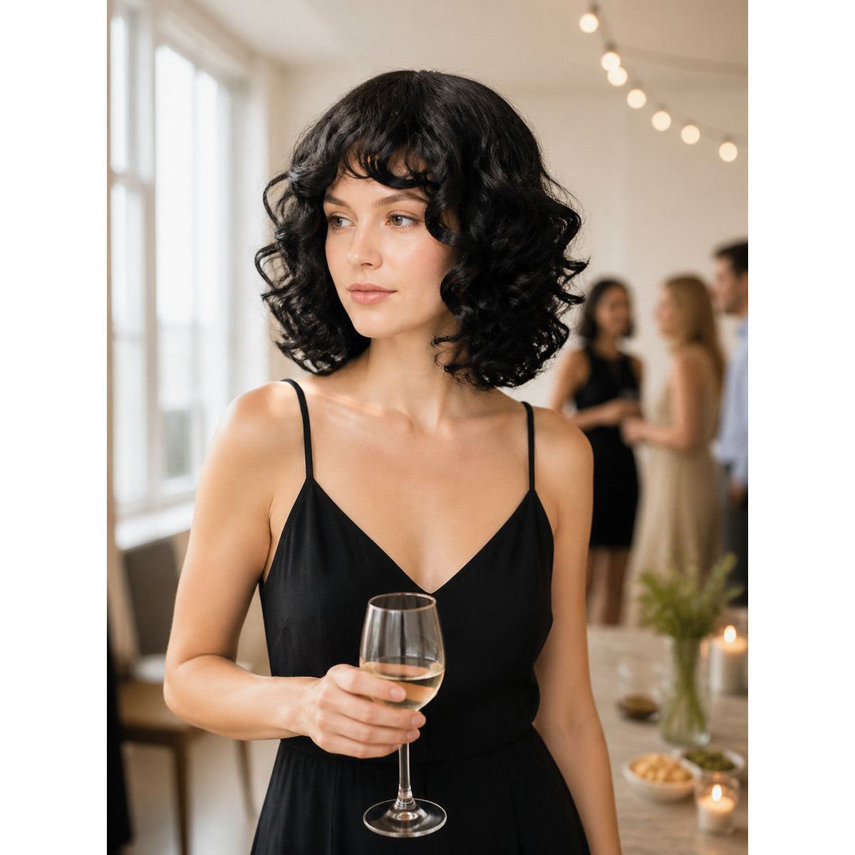 Black Carnival Wig with Curls and Side-Swept Bangs lifestyle view