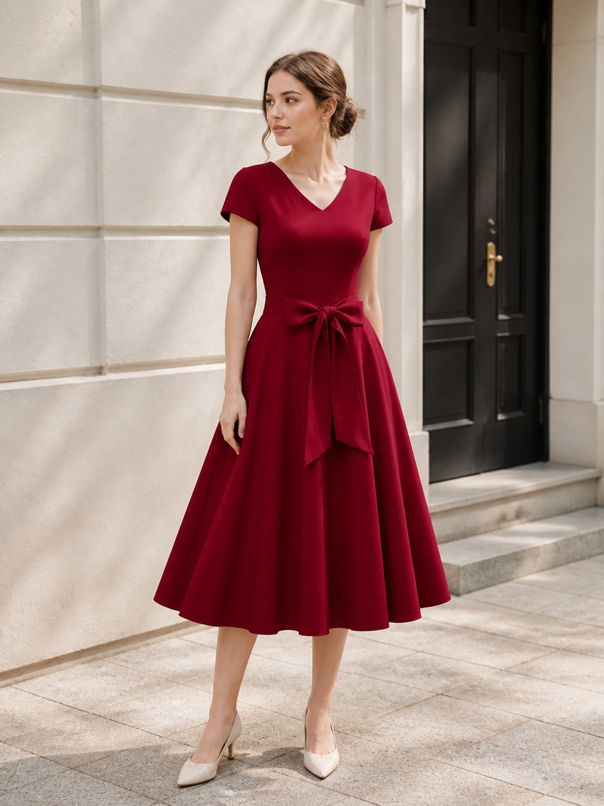 Burgundy Dress with a V-Neckline and Bow