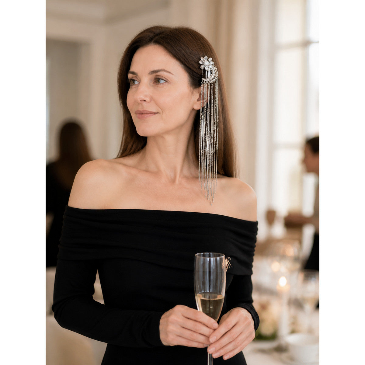 Hair Clip with Moon and Flower, Long Chains lifestyle view