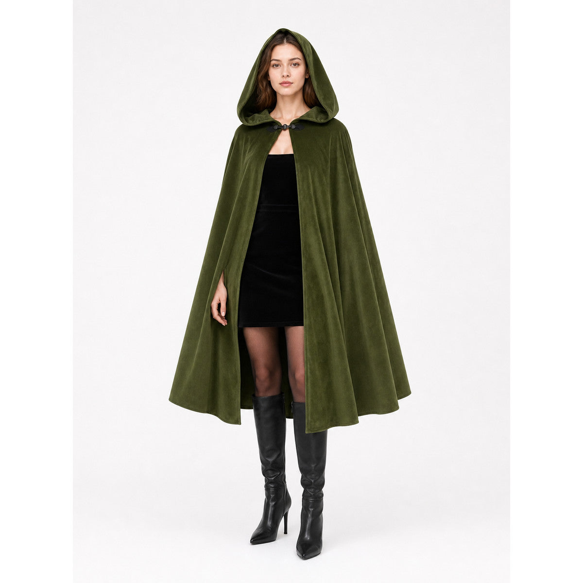 Green velvet-look hooded cloak shown full-body from the front on a model against a white background