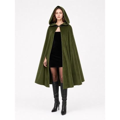 Green velvet-look hooded cloak shown full-body from the front on a model against a white background