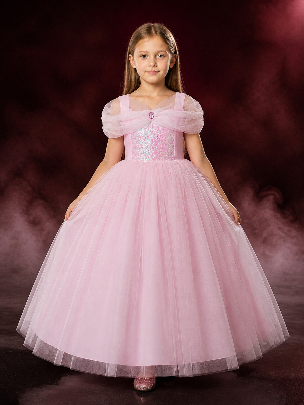 Girls' Pink Princess Costume Dress, Sequined Off-Shoulder Layered Tulle Gown main product view
