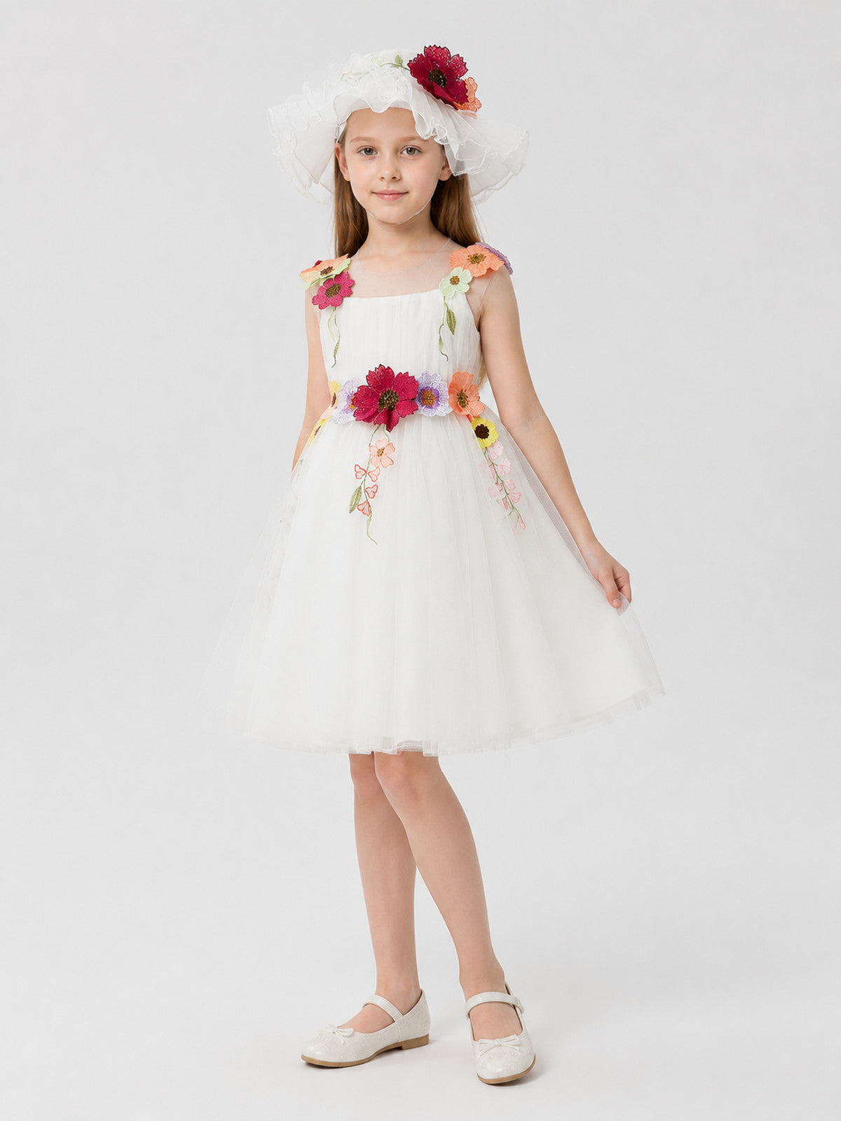 Full White Dress with Floral Details, Ages 4–8 product detail