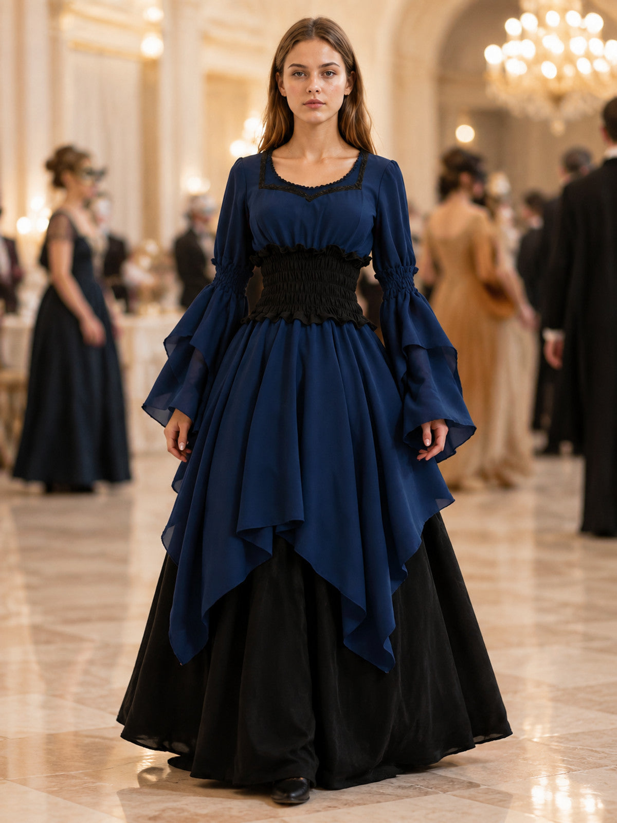Long Dress with a Black Skirt and Layered Ruffles lifestyle view