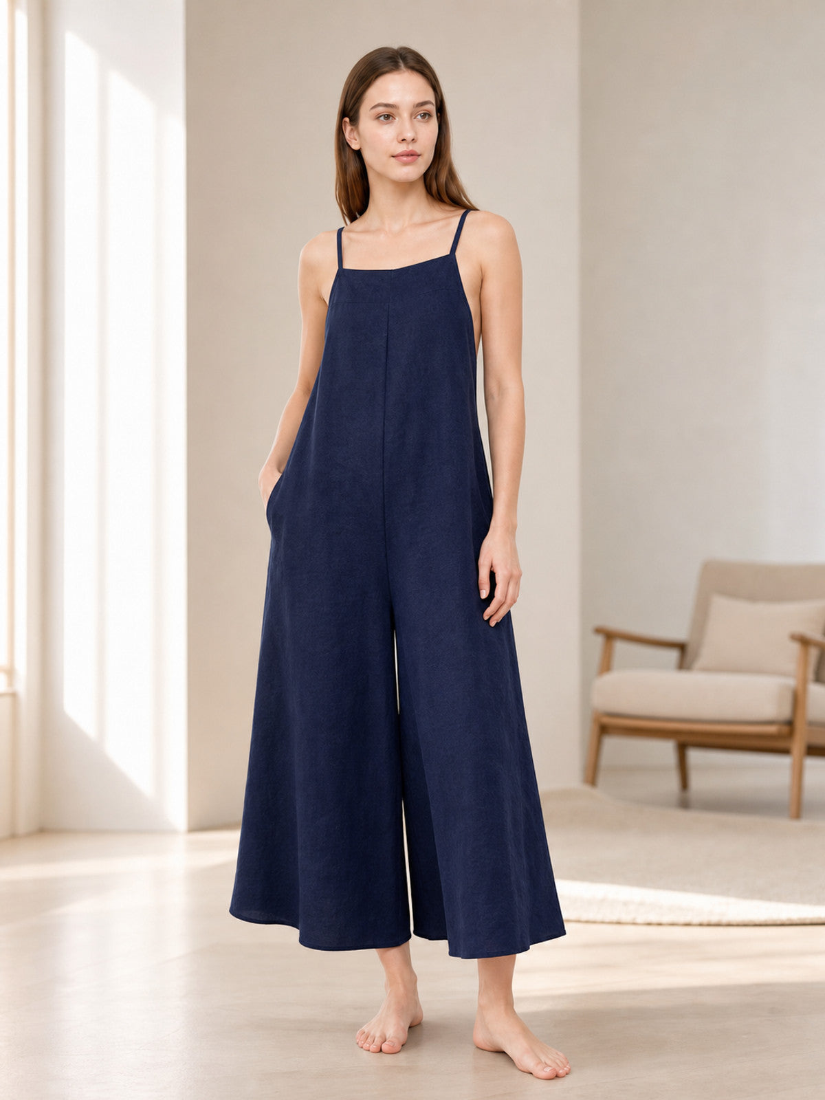 Blue Spaghetti Strap Wide Leg Jumpsuit, Sleeveless One-Piece Overalls With Long