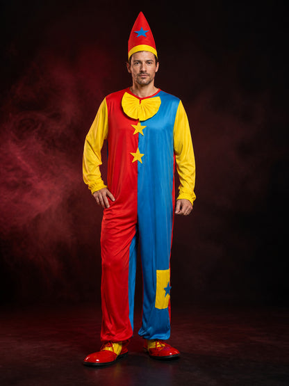 Unisex Clown Jumpsuit Costume with Hat, Colorful Star Print Outfit for Halloween