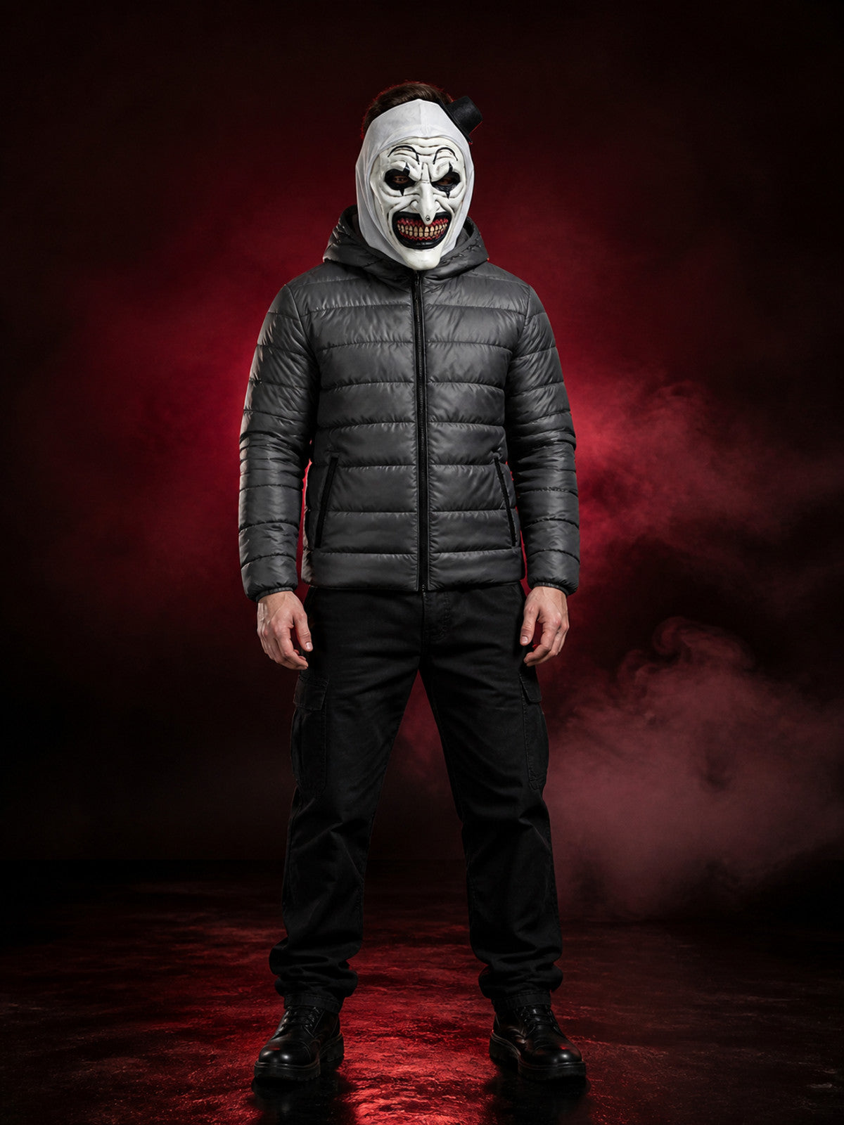 White Clown Full Face Mask with Top Hat and Sharp Teeth, Scary Halloween Costume