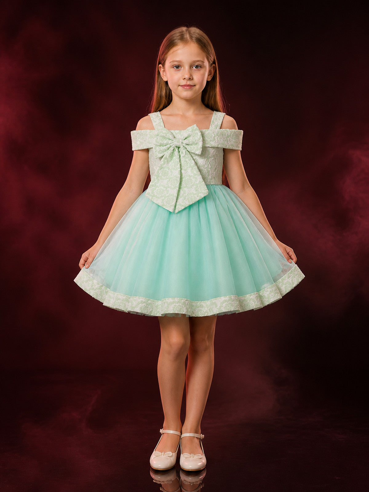 Girls' Mint Green Princess Dress with Large Bow and Jacquard Tulle Skirt main product view