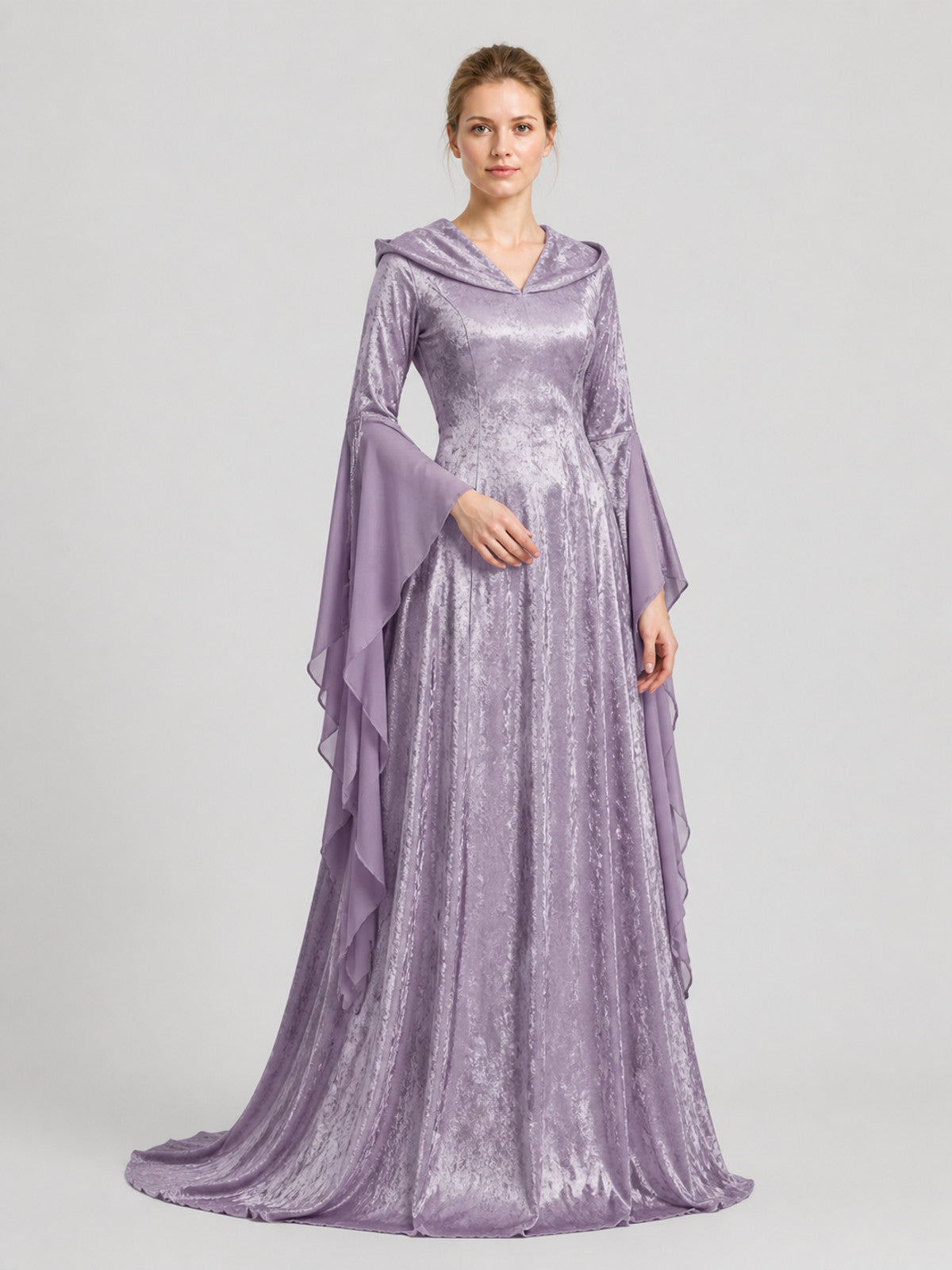Long Purple Dress with Hood and Full Skirt