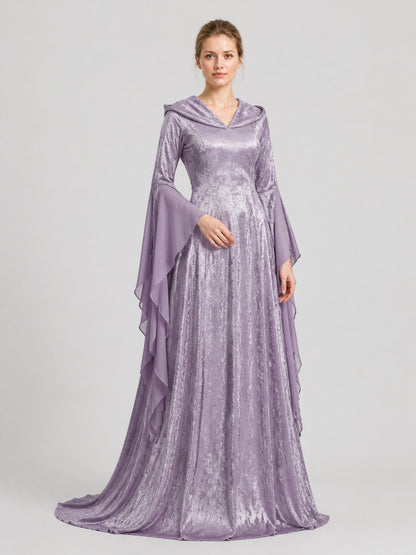 Long Purple Dress with Hood and Full Skirt