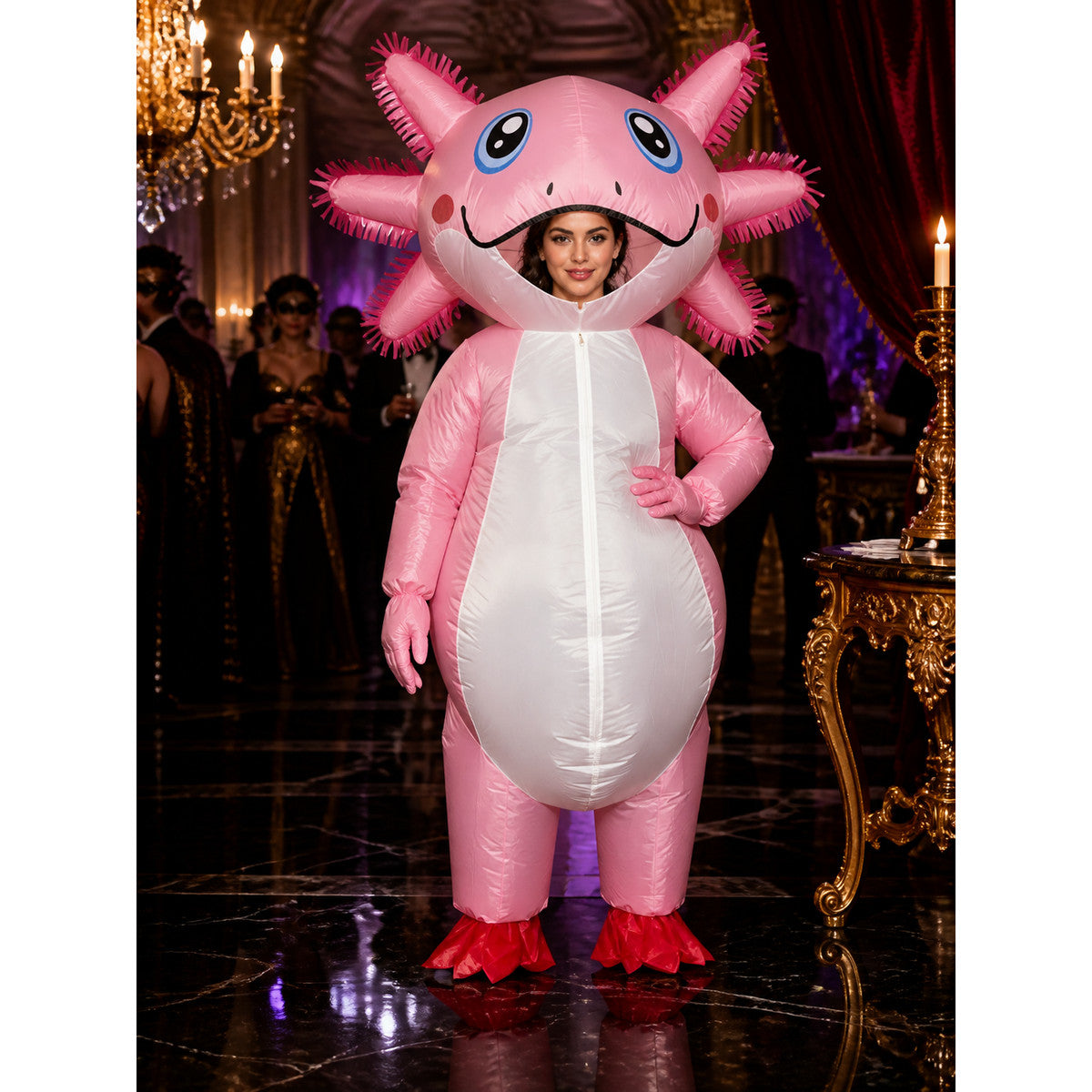 Funny Pink Inflatable Animal Costume with Horns and White Belly for Halloween Costumes detail