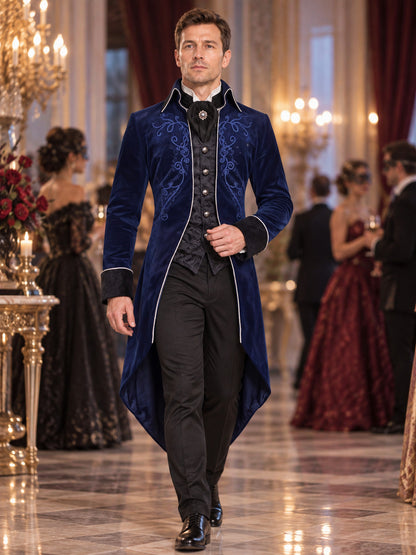 Dark Navy Long Tailcoat with Embroidery and Contrasting Cuffs