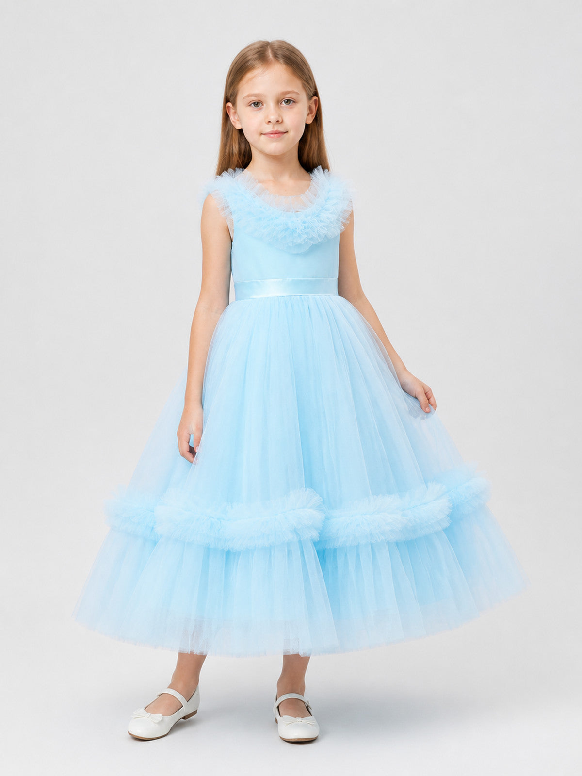 Girls' Light Blue Princess Dress with Full Skirt and Bow Costume Dresses detail