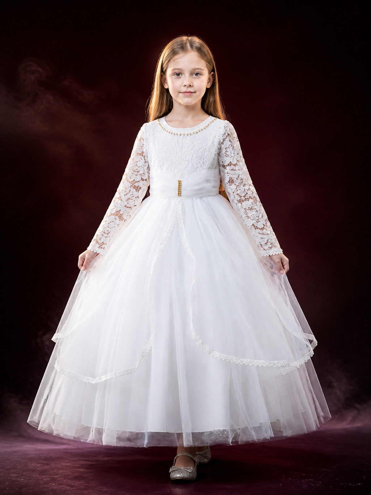 Girls' White Lace Long-Sleeve Princess Dress with Layered Tulle Skirt main product view