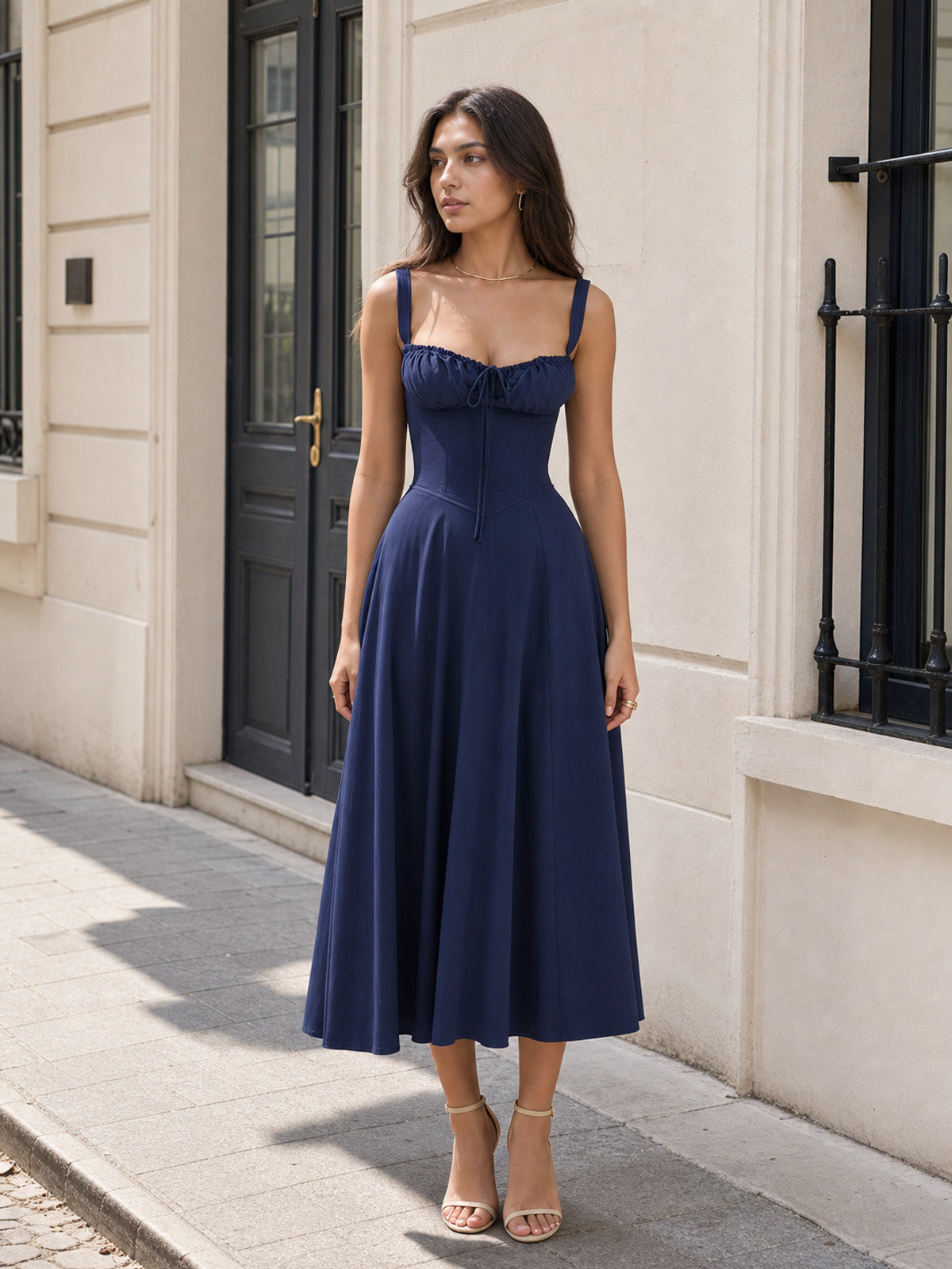 Long dark navy dress with thin straps Costume Dresses detail