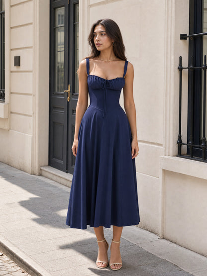 Long dark navy dress with thin straps Costume Dresses detail