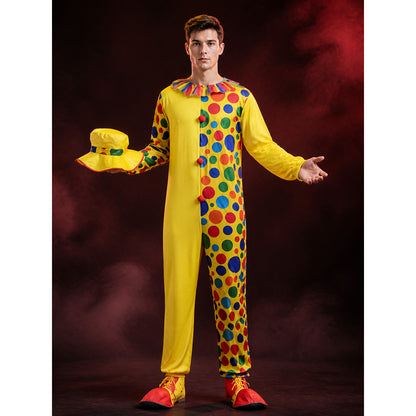 Adult Unisex Clown Jumpsuit Costume Set with Colorful Polka Dots and Ruffle main product view