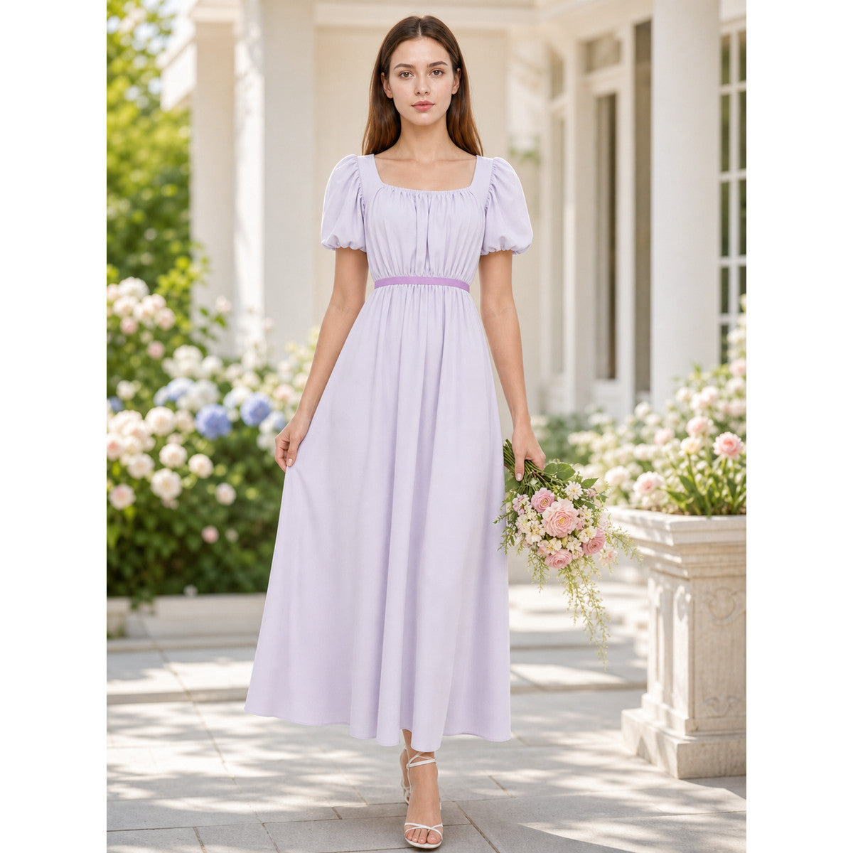 Regency-Style Retro Dress with Belt and Puff Sleeves
