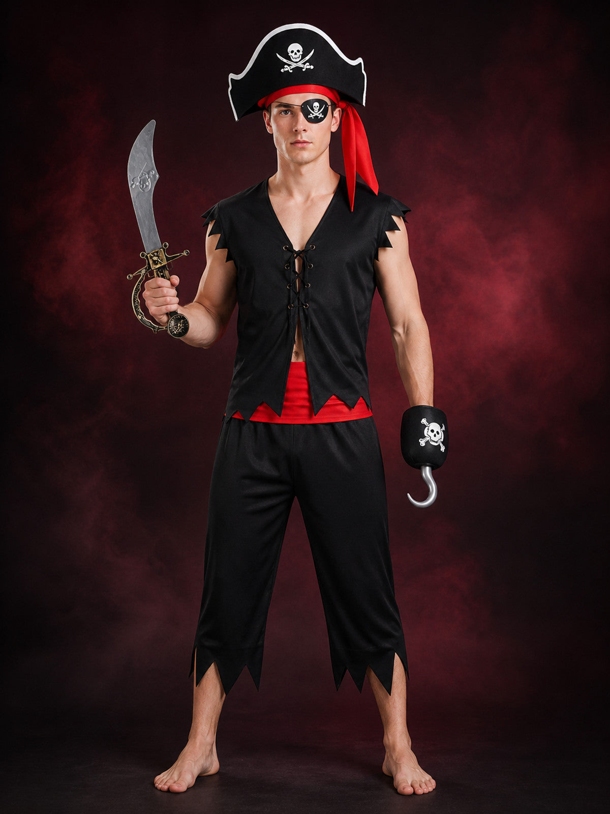Halloween Pirate Costume Accessory Set - Skull Hat, Eyepatch, Hook & Sword