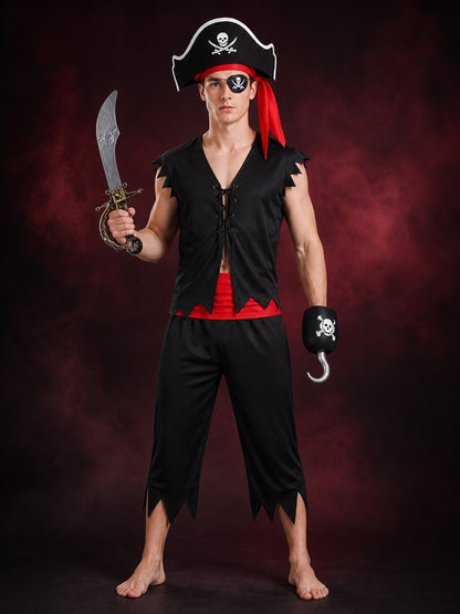 Halloween Pirate Costume Accessory Set - Skull Hat, Eyepatch, Hook & Sword