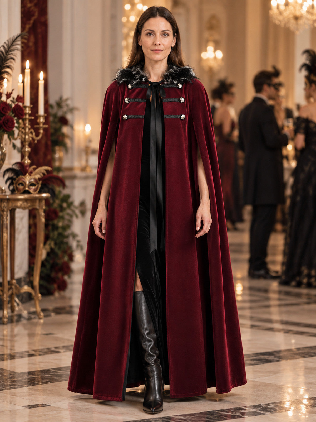 Burgundy Cape Cloak with Fur Collar
