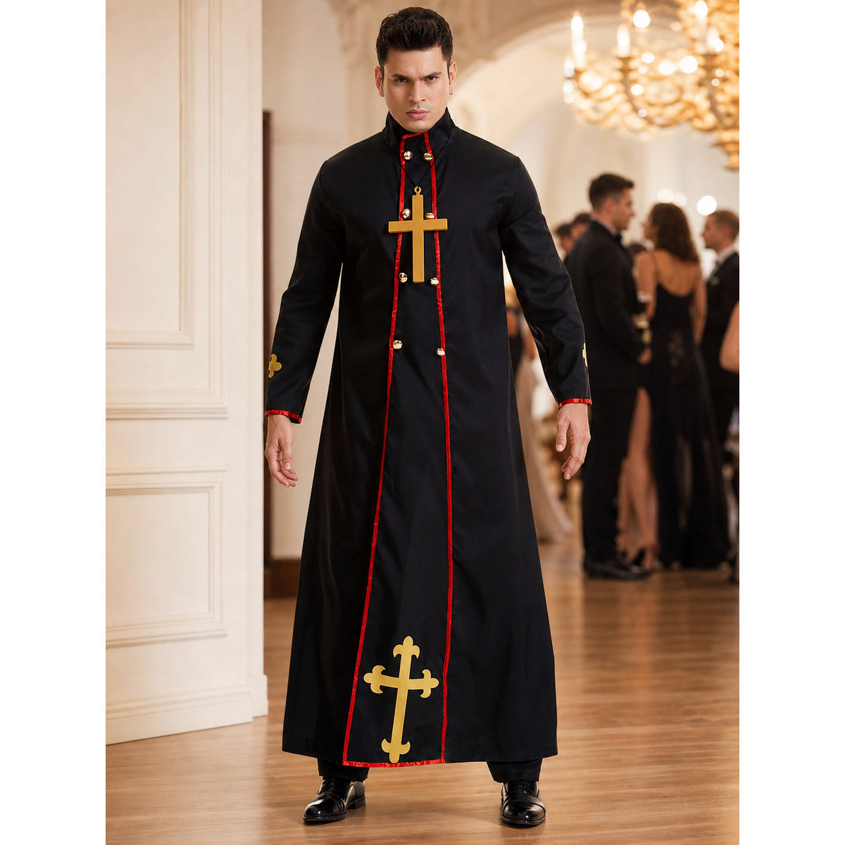 Black Cassock with Gold Cross and Red Trim lifestyle view