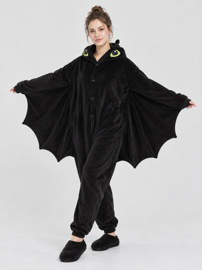 Black Fleece Hooded Pajama Jumpsuit with Wings
