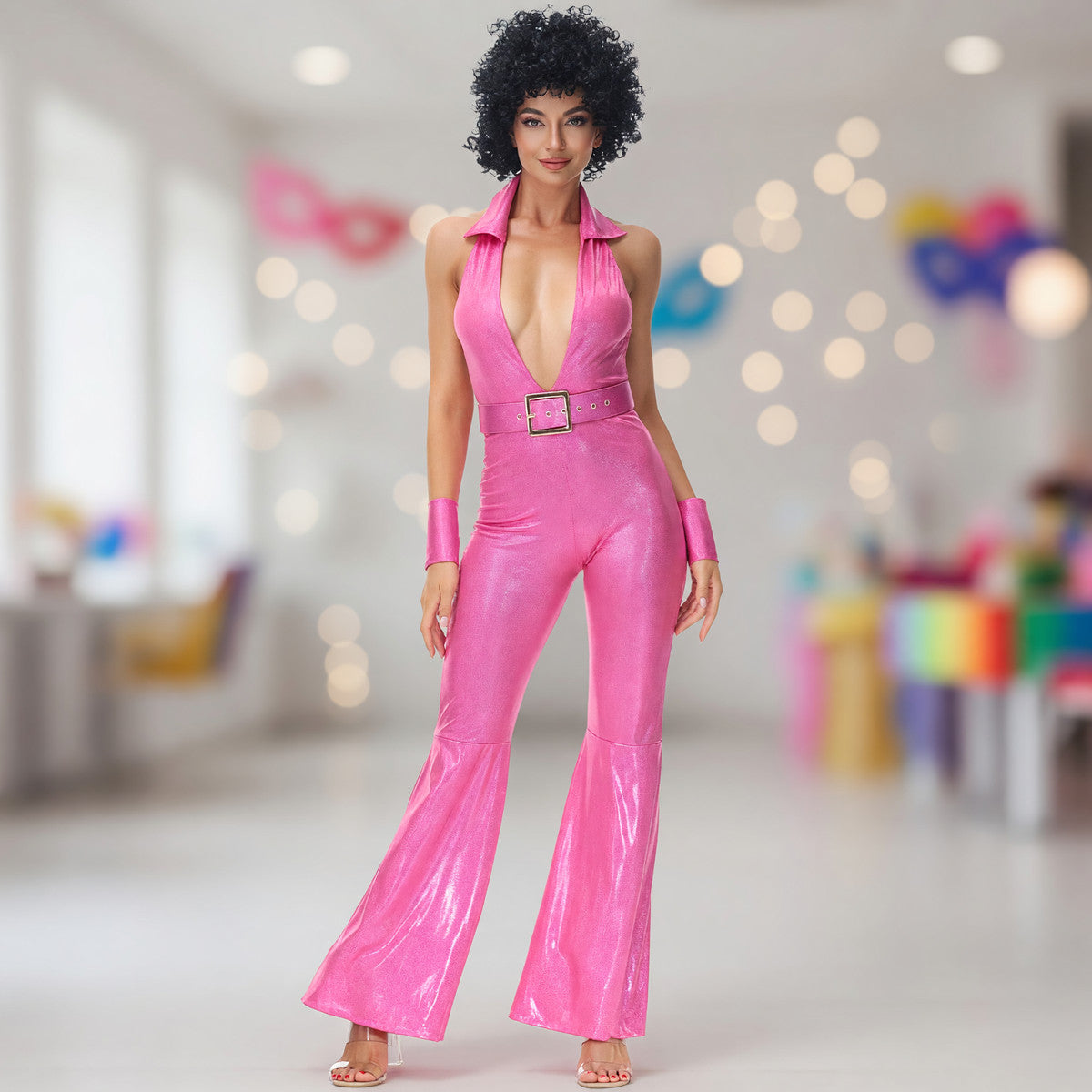 Pink 1980s-Style Flared Jumpsuit