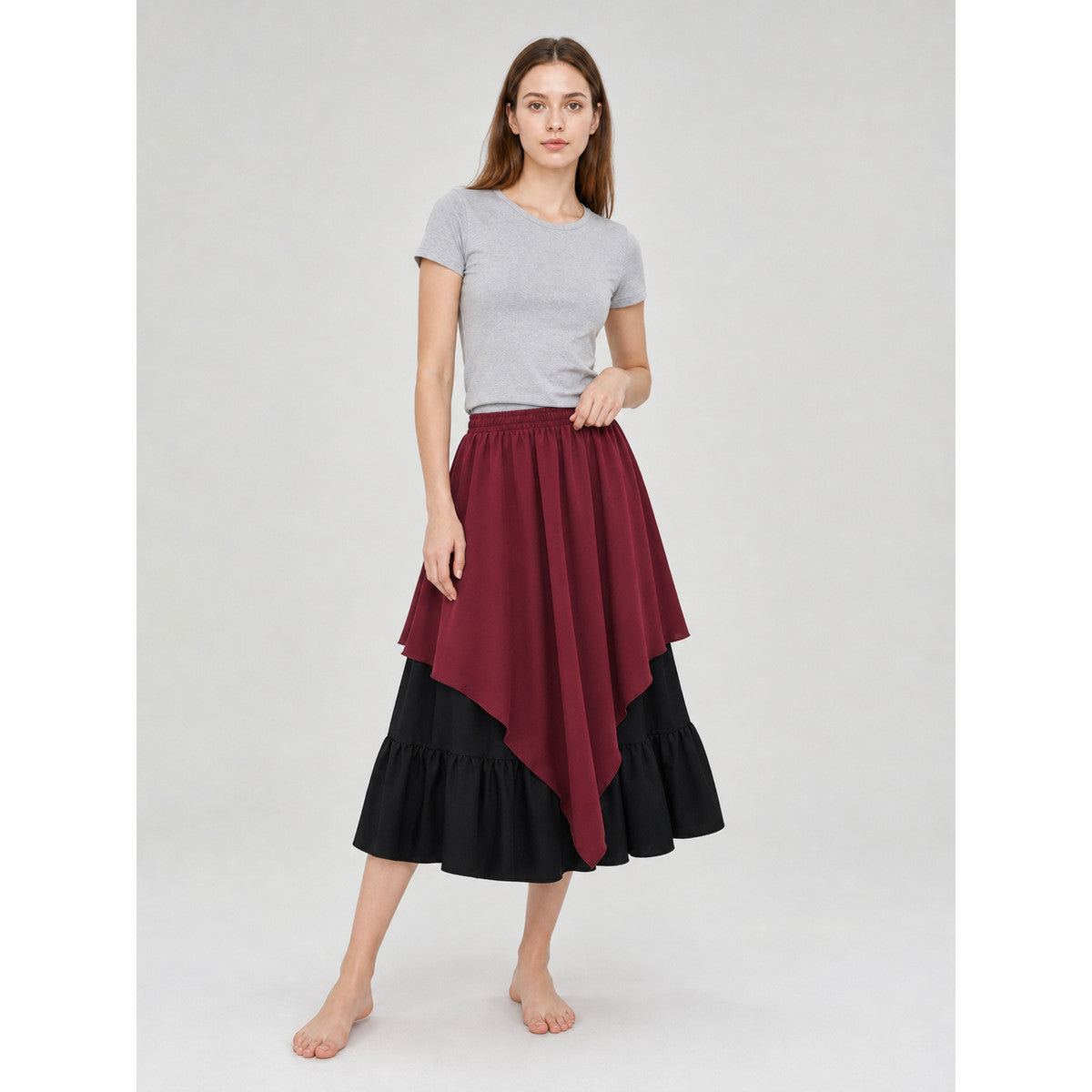 Multi-Tiered Burgundy-Black Skirt with an Asymmetrical Hem lifestyle
