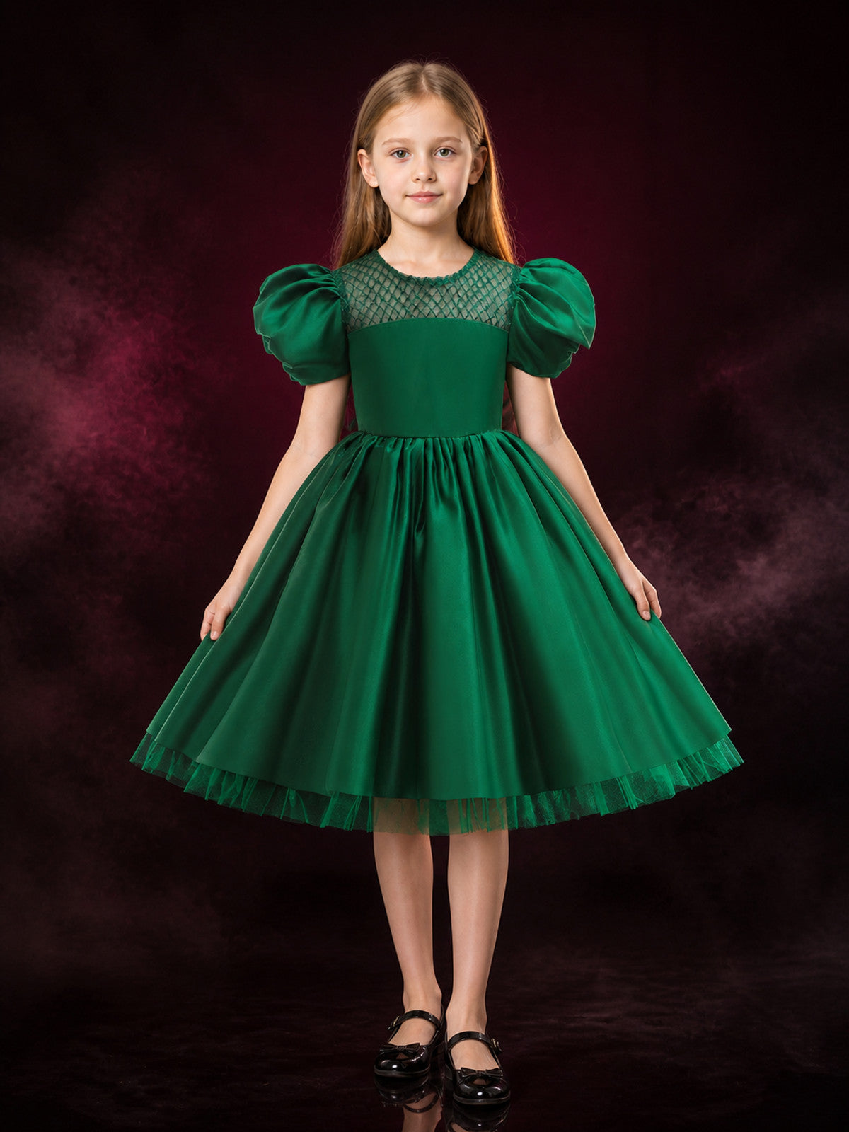 Girls' Dark Green Princess Dress with Puff Sleeves and Tulle Hem main product view