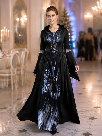 Floor-Length Gothic Hooded Dress with Lace-Up Detail lifestyle view