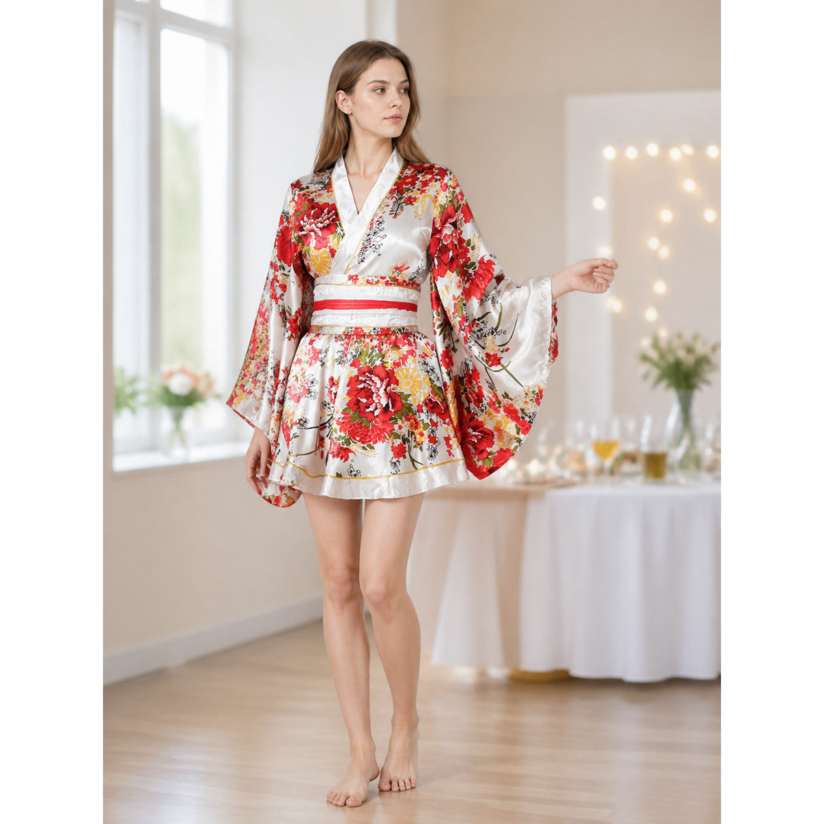 Wrap-style kimono with a full skirt and belt, peony print lifestyle view