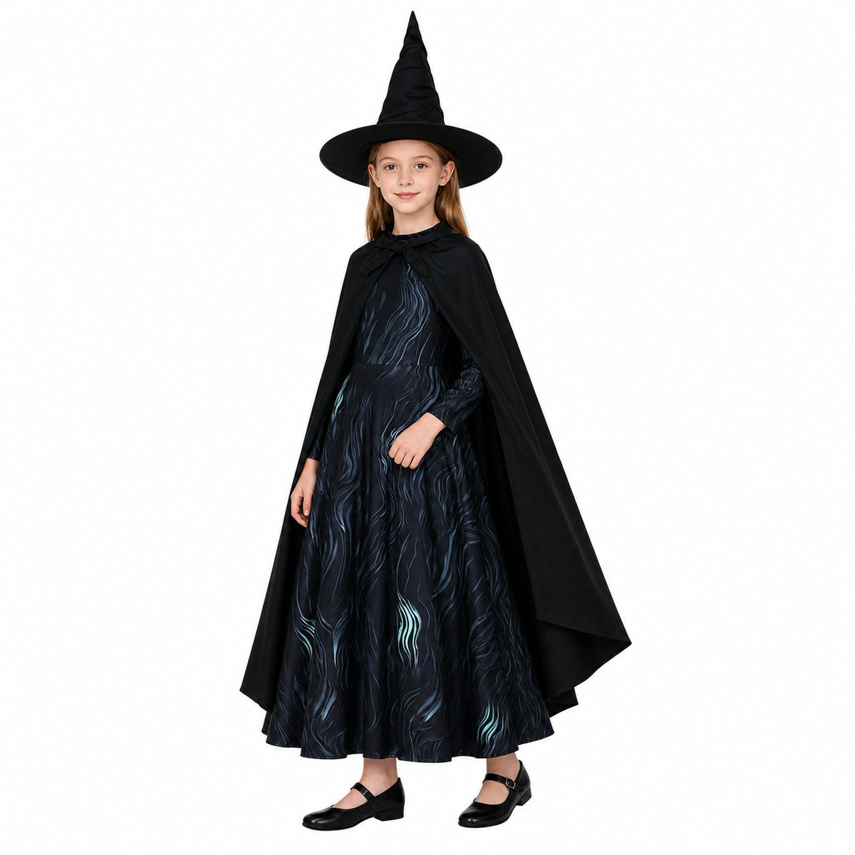 Blue Costume with Cape and Hat for Halloween on-model front view