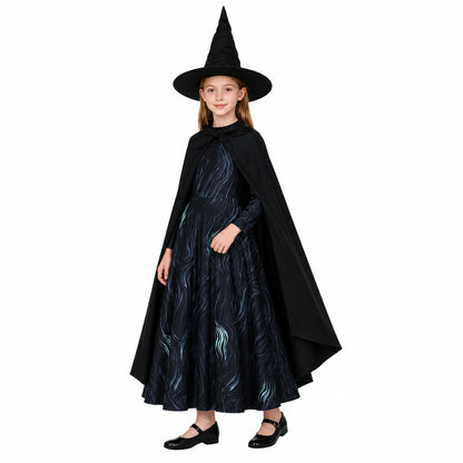 Blue Costume with Cape and Hat for Halloween on-model front view