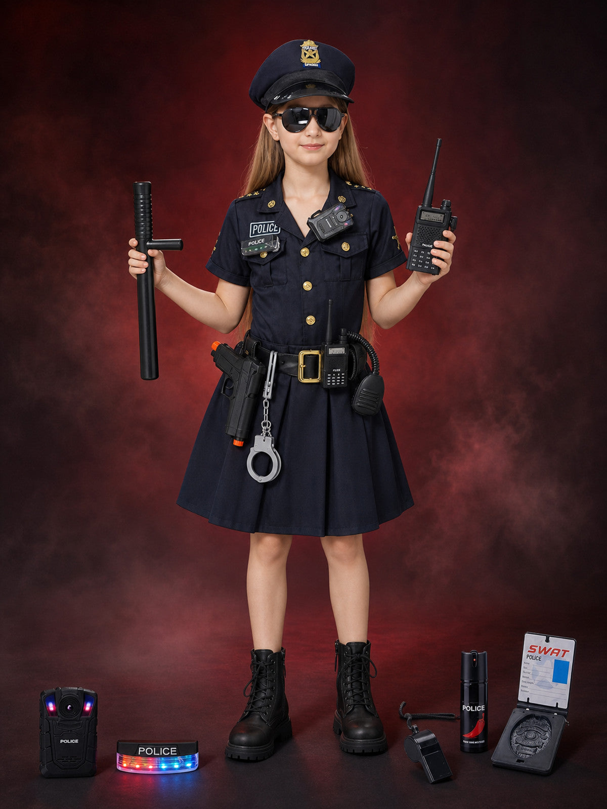 Kids Police Officer Costume Set, Girls Police Dress with Hat and Accessories for