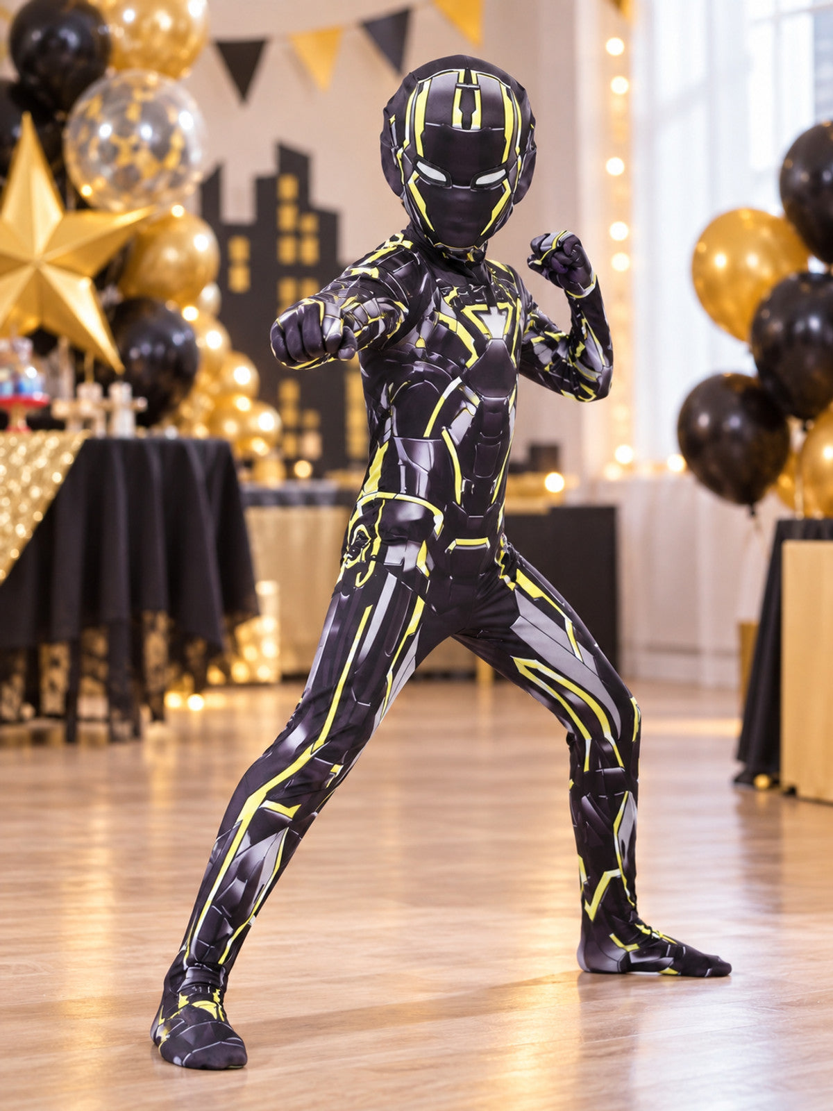 Kids' Black Superhero Costume with Mask and Yellow Lines